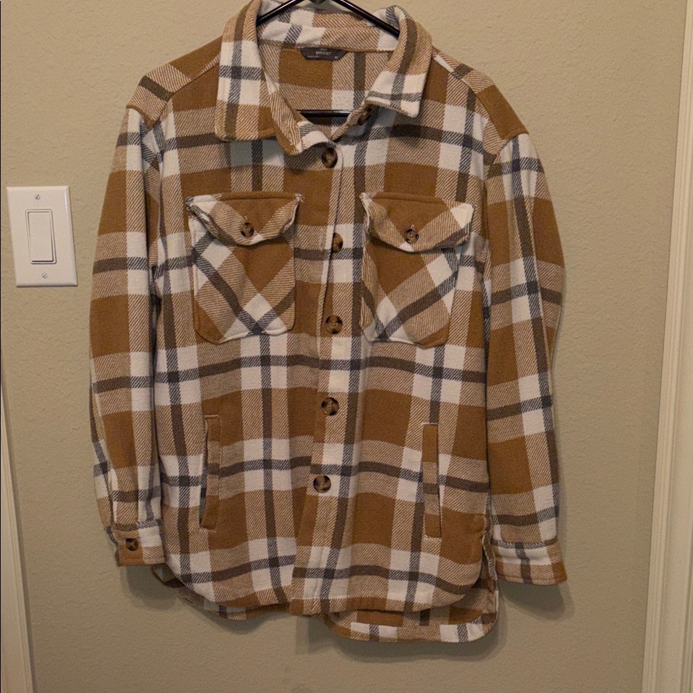 Tan, Gray and White Plaid Shirt Shacket